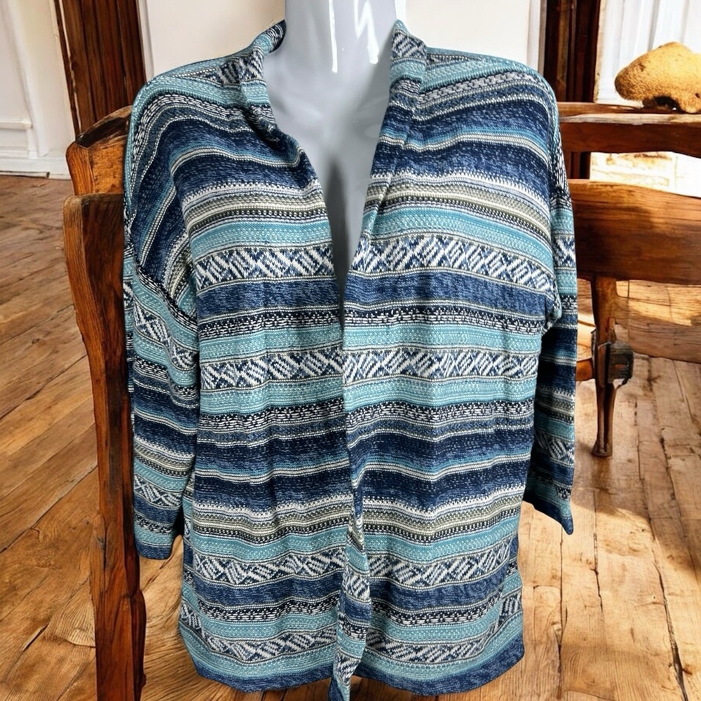 Lauren Chaps Denim Sweater Womens L Cardigan Knit Blue Southwest‎ Stripe Western
